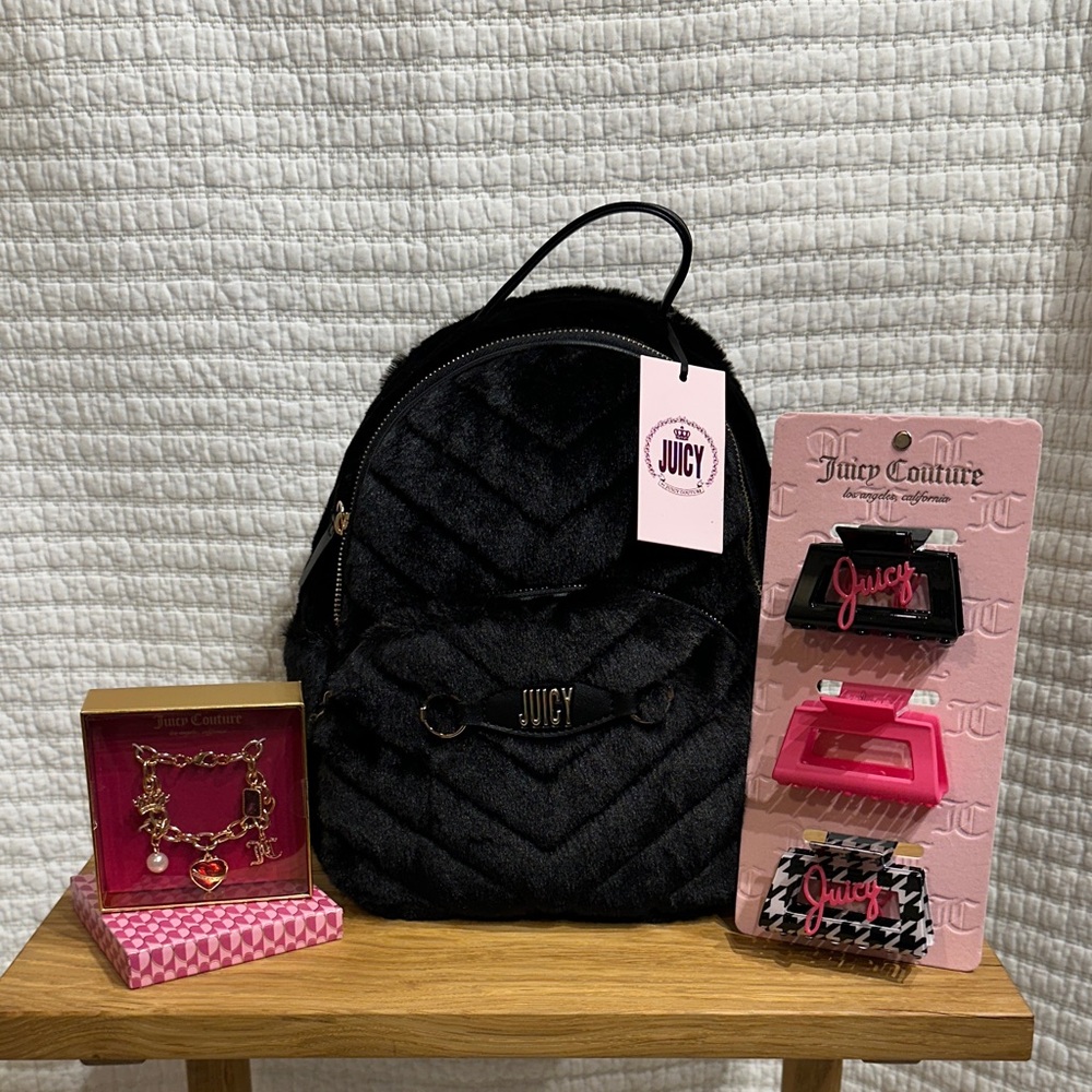 Juicy Couture Faux Fur Backpack Hair Clip Charm Bracelet Bundle NWT